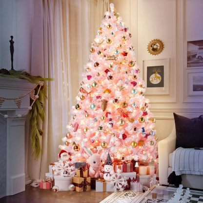 Yaheetech Árbol de Navidad artificial preiluminado de 6 pies con luces incandescentes blancas cálidas, árbol de Navidad con 820 puntas de rama, 250 luces incandescentes y soporte plegable, color rosa