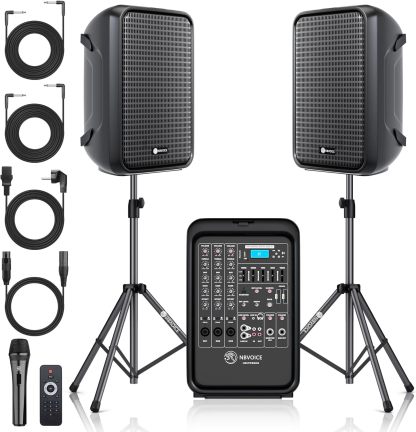 Sistema de PA de 2 vías integrado profesional portátil todo en uno, configuración fija, diseño de veliz con mezclador de 8 canales, 2 soportes de altavoces, Bluetooth, micrófono para