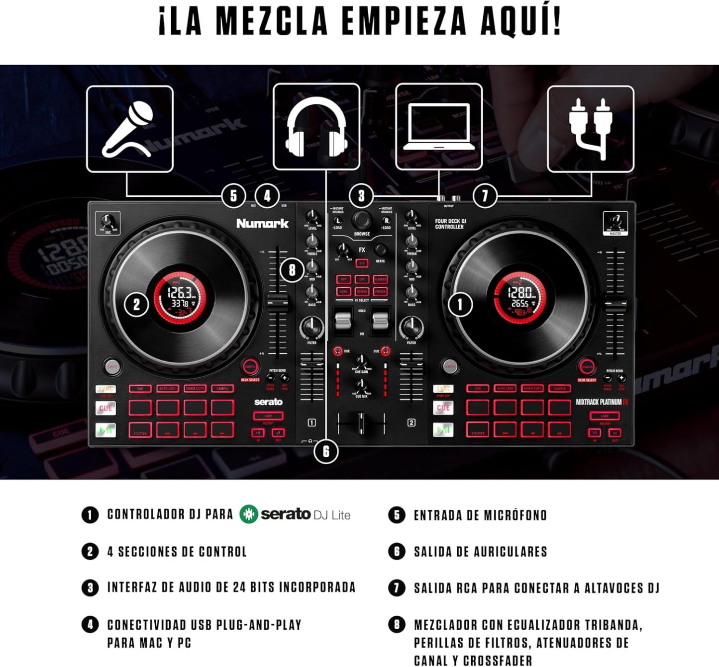 Numark Mixtrack Platinum FX Controlador DJ Para Serato DJ Con Control de 4 Secciones, Mezclador DJ, Interfaz de Audio Incorporada, Pantallas en Las Ruedas de Selección y Paletas de Efectos