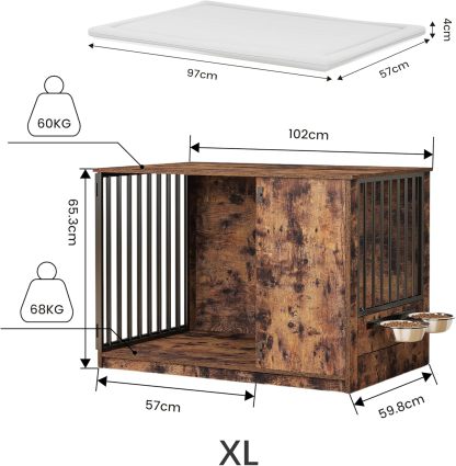MU:4LIFE Jaula Estilo Mueble para Perro, Puerta de Rotación 270°, 2 Tazones de Giratorios 360° y Cojín de Doble Cara. Casa de Perro de Uso Interior y Alta Resistencia (Atigrado, Mediano)