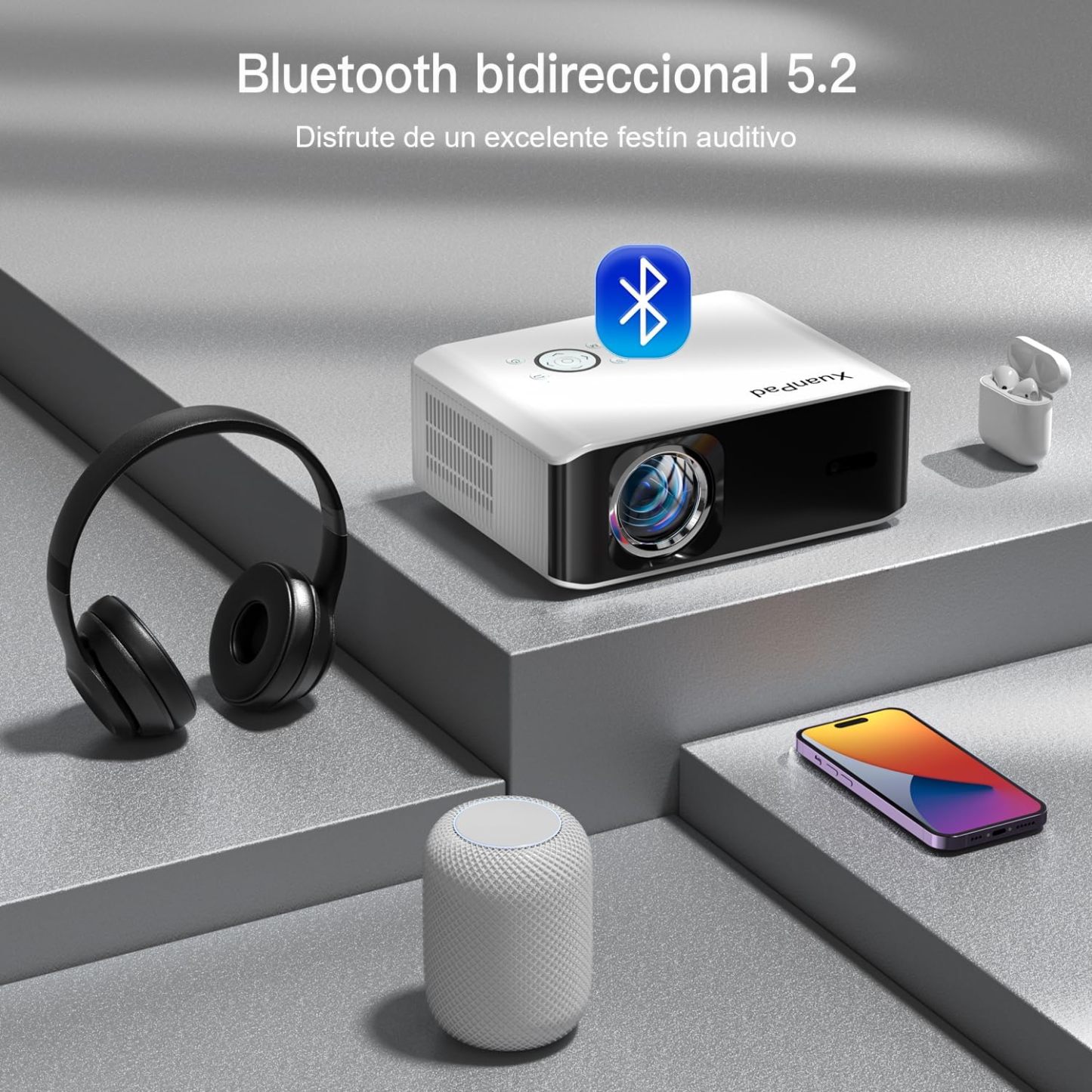 【AI Auto Focus & Keystone】 Proyector 4K Soporte, XuanPad Proyector Bluetooth WiFi6, 26000L 1080P Proyector Portatil Inteligente, Proyector para Cine en Casa con trípode para iOS/Android/TV Stick