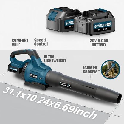 GEVEELIFE - Soplador de hojas sin cable, 650 CFM y 3 niveles de velocidad, soplador eléctrico inalámbrico de hojas con 2 pilas de 5.0 Ah, sopladores para cuidado del césped, patio, hojas de soplado