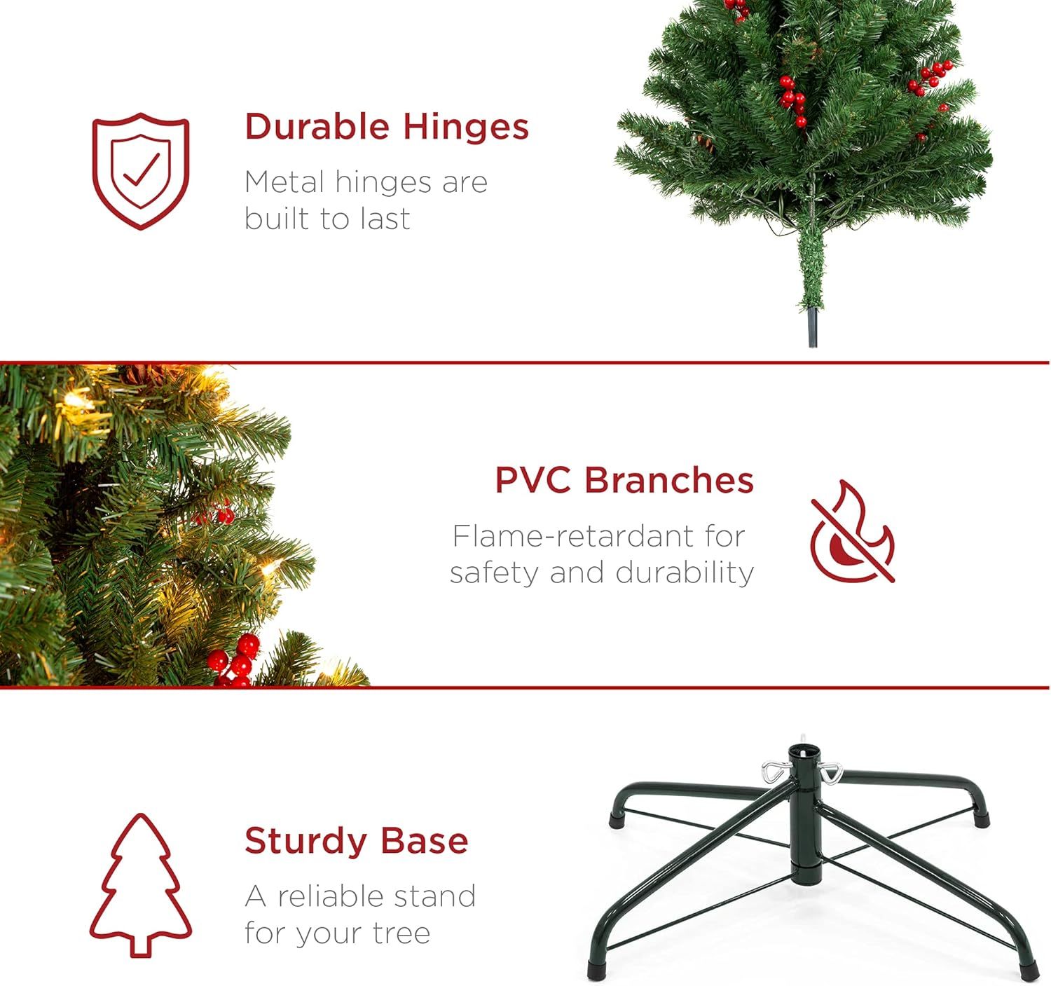 Best Choice Products - Árbol de Navidad artificial preiluminado de 6 pies predecorado con bisagras, con 798 puntas, piñas, bayas, 250 luces, base de metal