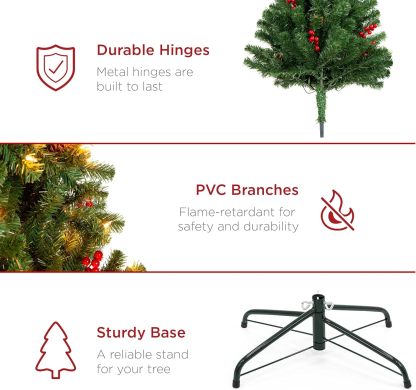 Best Choice Products - Árbol de Navidad artificial preiluminado de 6 pies predecorado con bisagras, con 798 puntas, piñas, bayas, 250 luces, base de metal