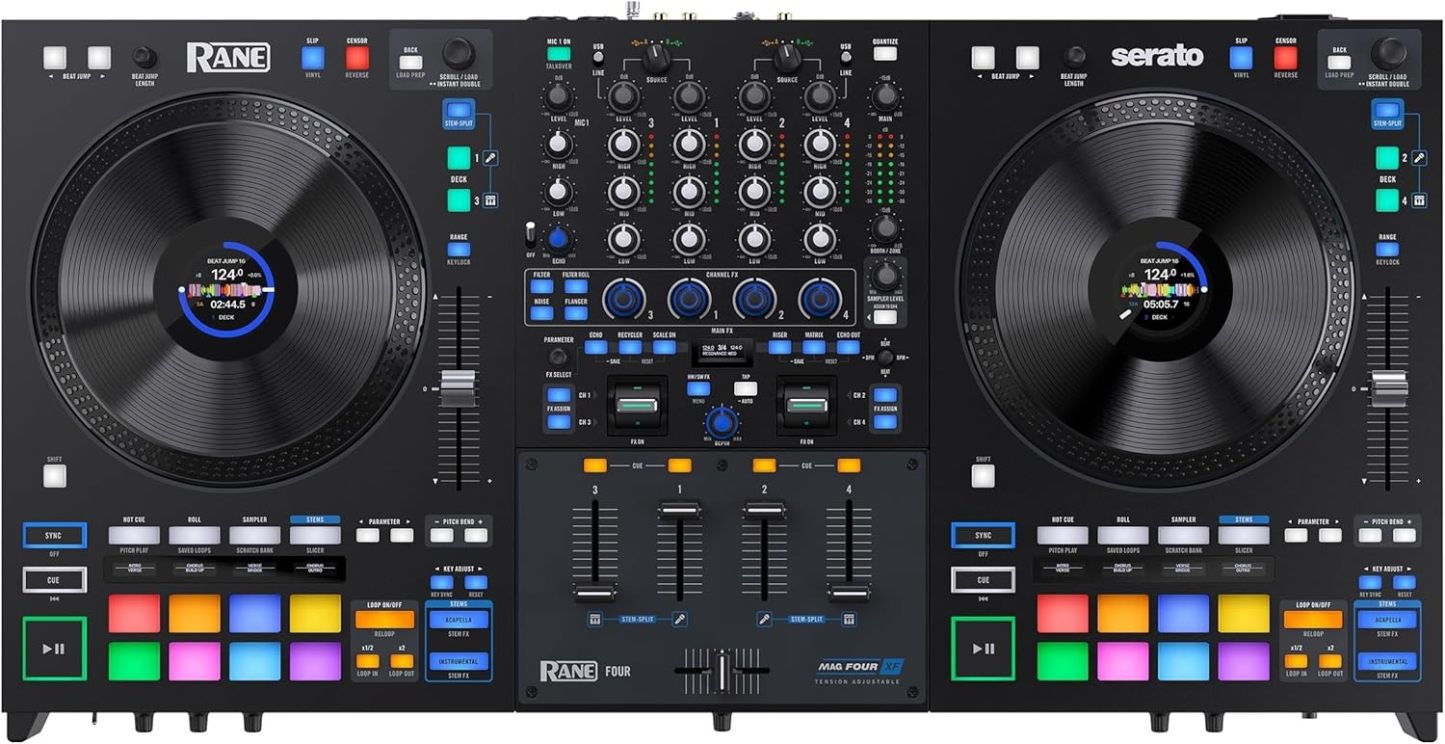 Rane FOUR Controlador DJ Stems Avanzado, 4 Canales - Jog Wheels de 8.5" + Displays, Mezclador DJ con FX Internos, Serato DJ Pro + Pitch 'n Time DJ