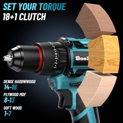 SEESII - Taladro inalámbrico y destornillador de impacto de 21 V máximo, kit combinado de herramientas eléctricas incluido taladro de 3/8 pulgadas y driver de impacto de 1/4 pulgadas, 2 baterías de