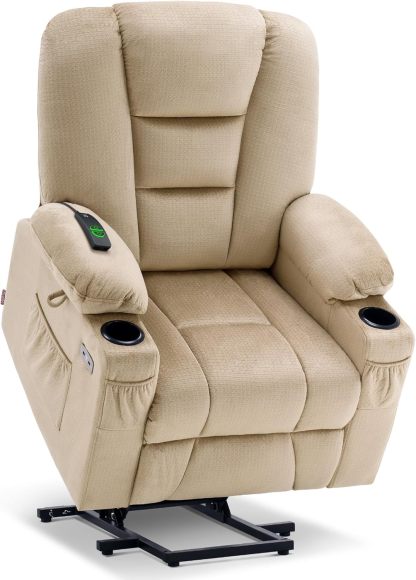 MCombo - Sofá reclinable con elevación de potencia grande con masaje y calor para personas mayores grandes y altas, 3 posiciones, portavasos y puertos USB, tela 7549 (grande, beige)