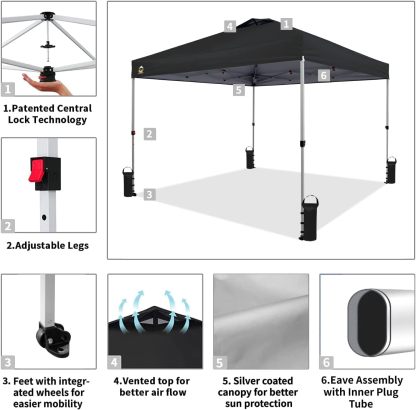 CROWN SHADES - Toldo desplegable para la Playa, fácil de armar, para el Aire Libre, Eventos, Fiestas, Campamento, Cubierta STO-N-Go, Parte Superior recubierta de Plata, 10 x 10 Pulgadas, Blanco