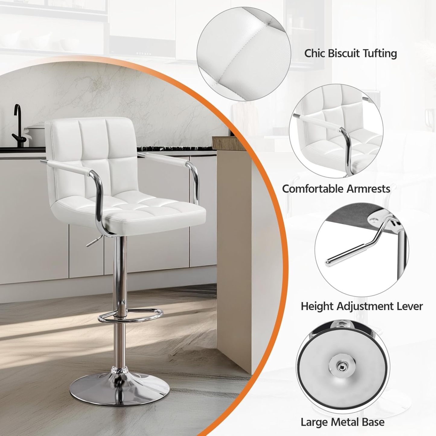 Juego de 2 taburetes de Bar giratorios Ajustables de Piel sintética, sillas hidráulicas de Barra con reposabrazos y Respaldo para Bar, Cocina, Comedor, Color Blanco