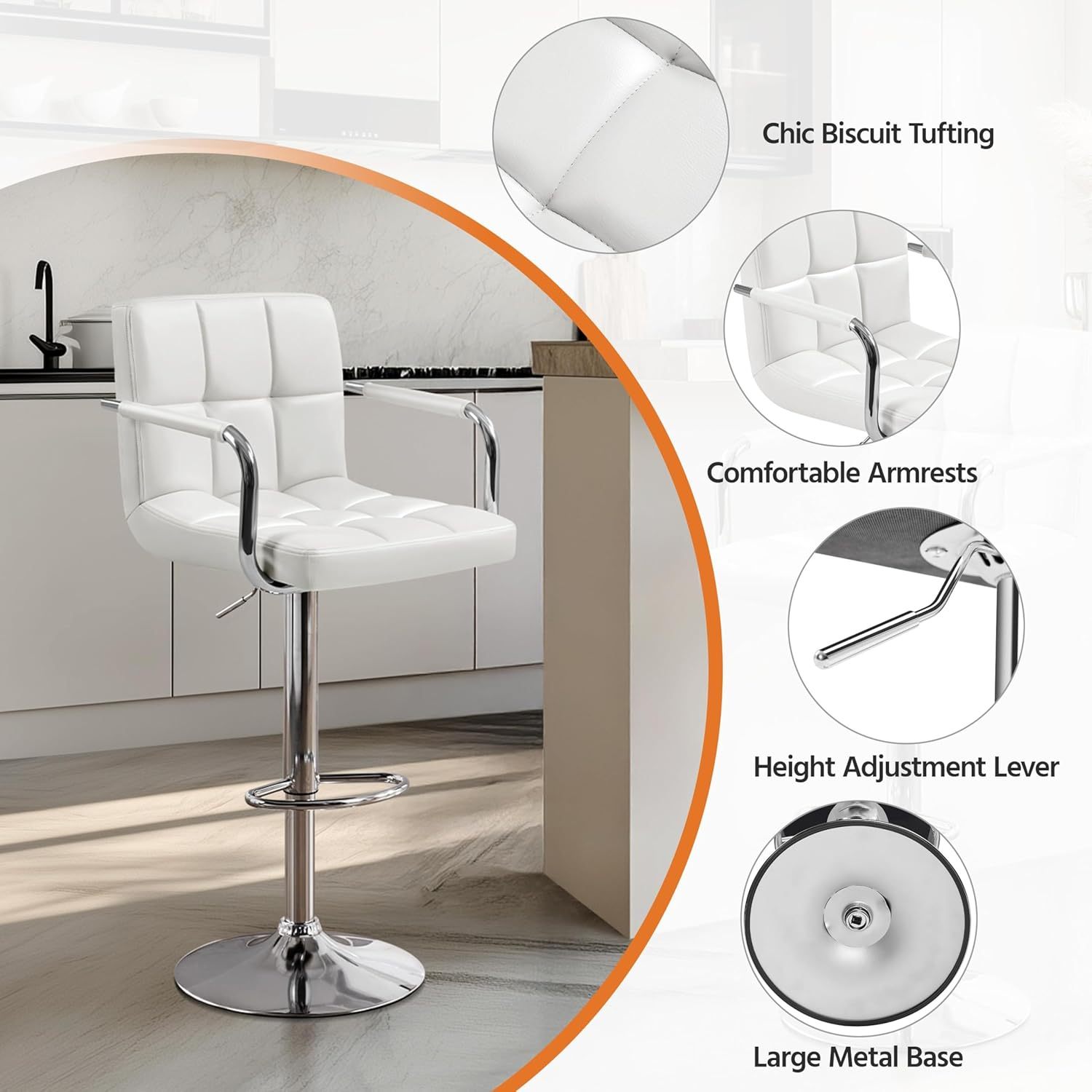 Juego de 2 taburetes de Bar giratorios Ajustables de Piel sintética, sillas hidráulicas de Barra con reposabrazos y Respaldo para Bar, Cocina, Comedor, Color Blanco