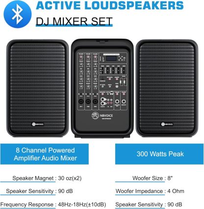 Sistema de PA de 2 vías integrado profesional portátil todo en uno, configuración fija, diseño de veliz con mezclador de 8 canales, 2 soportes de altavoces, Bluetooth, micrófono para