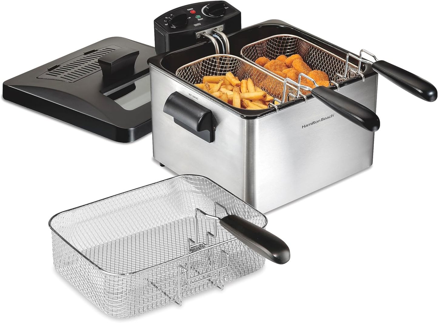 Hamilton Beach Freidora el��ctrica de estilo profesional, cesta de fre��r XL, tapa con ventana de visi��n, 1800 vatios, 19 tazas/4,5 litros de capacidad de aceite, acero inoxidable (35035A)