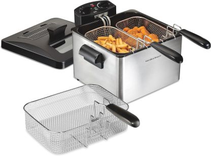 Hamilton Beach Freidora eléctrica de estilo profesional, cesta de freír XL, tapa con ventana de visión, 1800 vatios, 19 tazas/4,5 litros de capacidad de aceite, acero inoxidable (35035A)