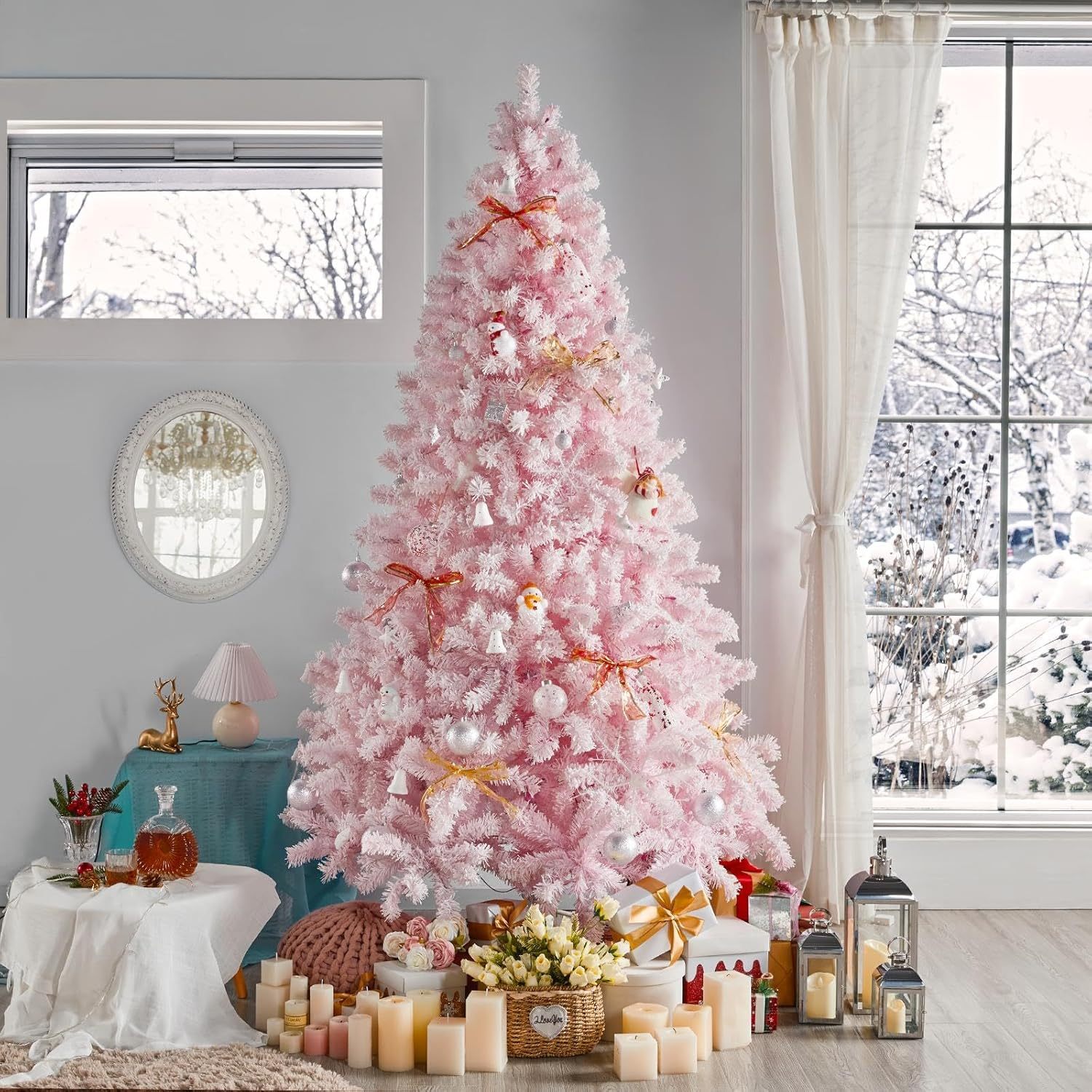 Yaheetech Árbol de Navidad artificial preiluminado de 6 pies con luces incandescentes blancas cálidas, árbol de Navidad con 820 puntas de rama, 250 luces incandescentes y soporte plegable, color rosa