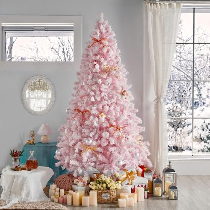 Yaheetech Árbol de Navidad artificial preiluminado de 6 pies con luces incandescentes blancas cálidas, árbol de Navidad con 820 puntas de rama, 250 luces incandescentes y soporte plegable, color rosa