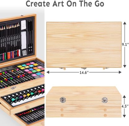 Juego de arte de lujo de 175 piezas con 2 almohadillas para orejas de dibujo, pinturas acrílicas, lápices de colores, juego de pintura en caja de madera, kit de arte profesional, suministros de arte