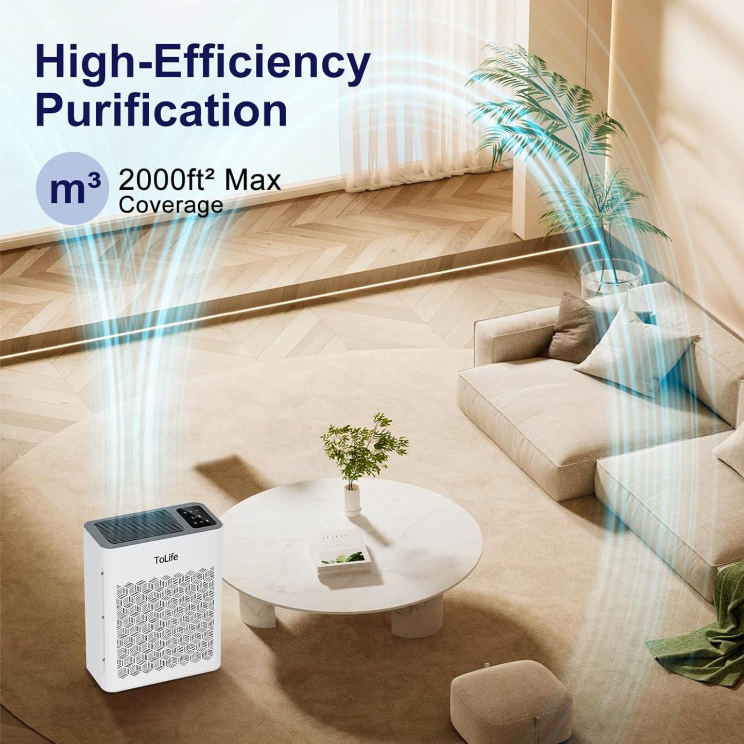 Tolife Purificador de aire para habitación grande, purificadores de aire para el hogar y pelo de mascotas con filtro lavable, limpiador de aire para recámara de hasta 1095 pies² polvo humo olor, modo