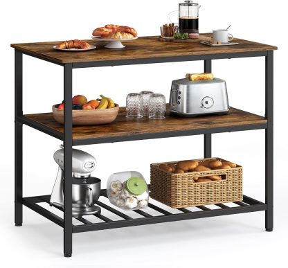 VASAGLE Isla de Cocina con Encimera Grande, Estantería de Cocina, 3 Niveles, Marco de Acero, 60 x 120 x 90 cm, Marrón Rústico y Negro MKKI01BX