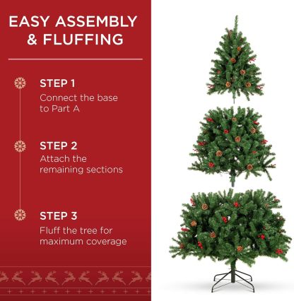 Best Choice Products - Árbol de Navidad artificial preiluminado de 6 pies predecorado con bisagras, con 798 puntas, piñas, bayas, 250 luces, base de metal