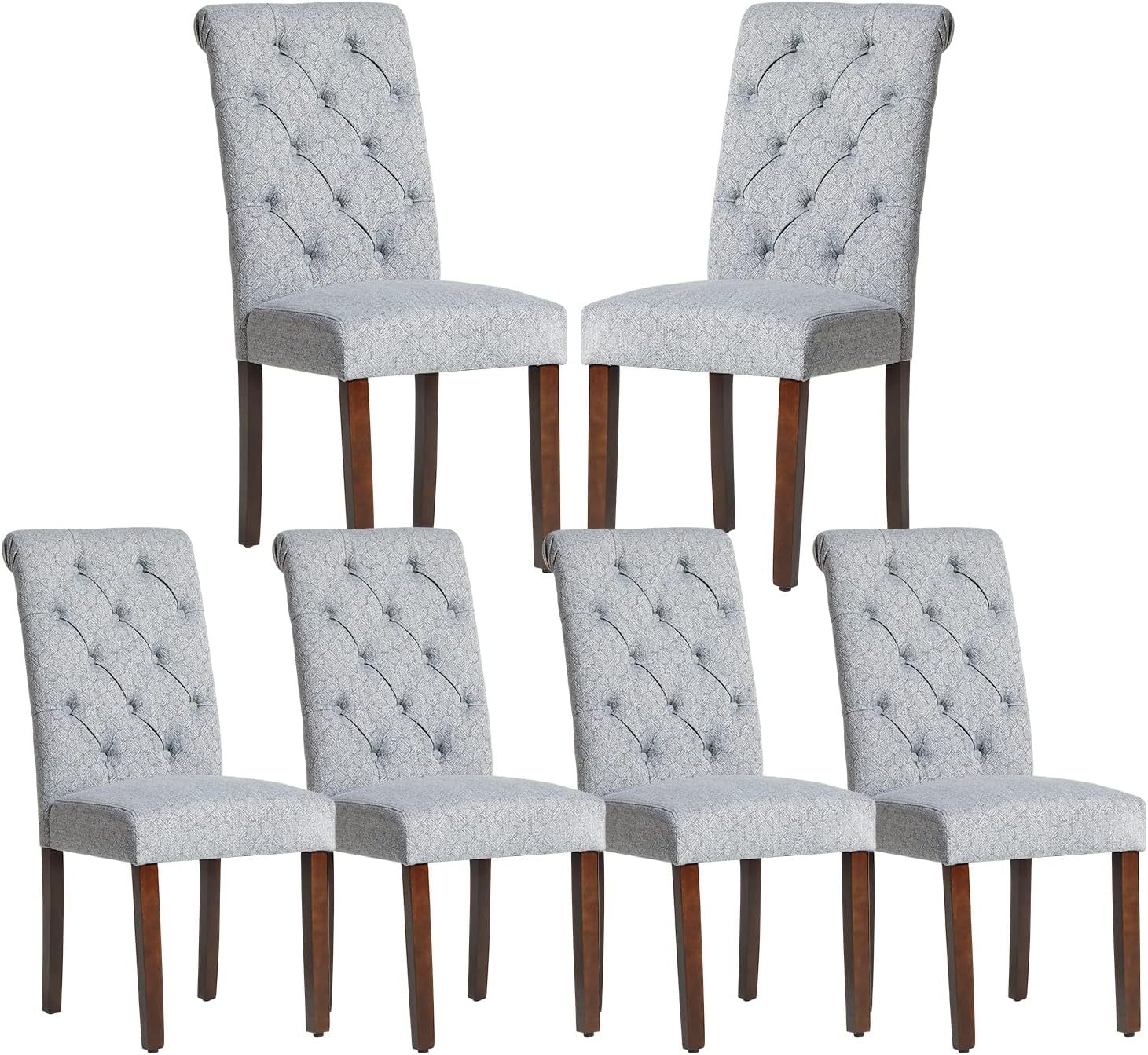 COLAMY - Juego de 6 sillas de Comedor con Botones y tapizadas, con Patas de Madera Maciza y Asiento Acolchado para Comedor, Cocina, Color Gris