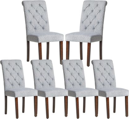COLAMY - Juego de 6 sillas de Comedor con Botones y tapizadas, con Patas de Madera Maciza y Asiento Acolchado para Comedor, Cocina, Color Gris