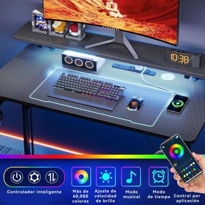 🎧SAFONUS Escritorio Gamer RGB 1M con Luces LED, Soporte para Monitor | 🎮Enchufes Integrados, Gancho para Audífonos, Superficie de Fibra de Carbono Impermeable, Mesa para PC Gaming Negra