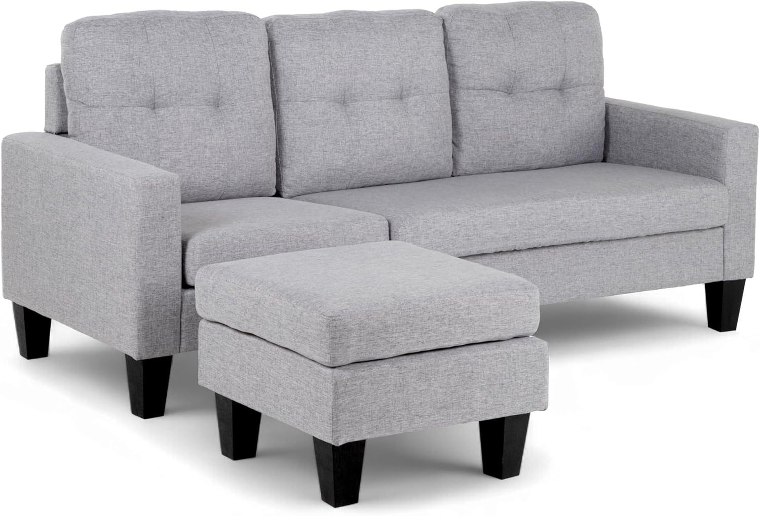 Kingshouse Sala Esquinera en L de Madera de Alta Calidad y Durabilidad, con Taburete y Diseño Reversible, Moderna Ideal para Espacios Pequeños, Tapizado Tipo Lino y Cojines Removibles