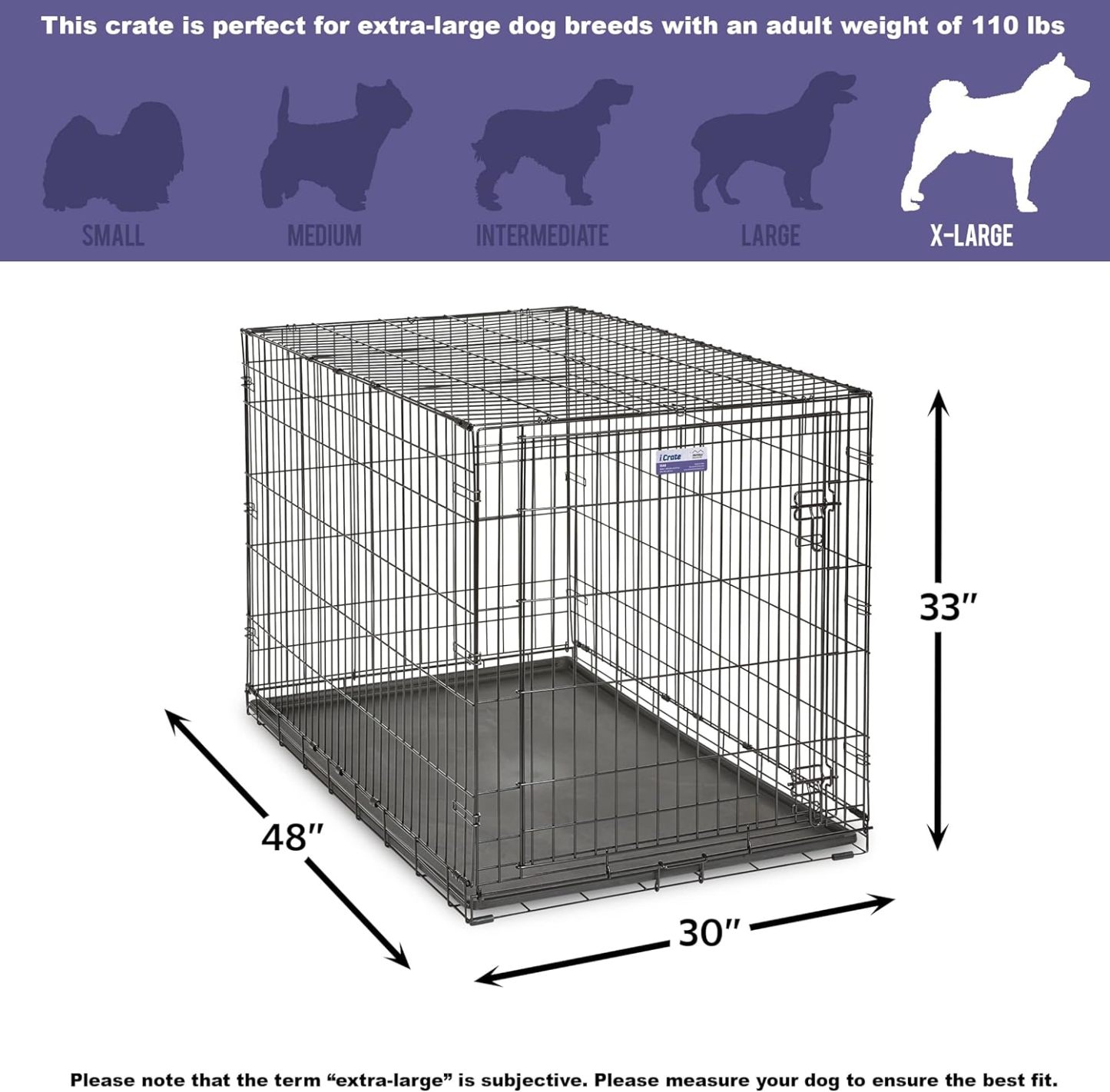 MidWest Homes for Pets - Jaula para perros XL | Jaula para perros MidWest iCrate de metal plegable con doble puerta con panel divisor, protege los pies y bandeja para perros a prueba de fugas | 48 pulgadas de largo x 30 de ancho x 33 pulgadas de alto, raz
