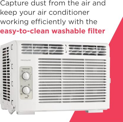 Frigidaire 5000 BTU Acondicionador de Aire montado en la Ventana, enfría hasta 150 Sq. Ft., Funcionamiento silencioso, Control de Temperatura sin Esfuerzo, 2 velocidades de Ventilador, reinicio