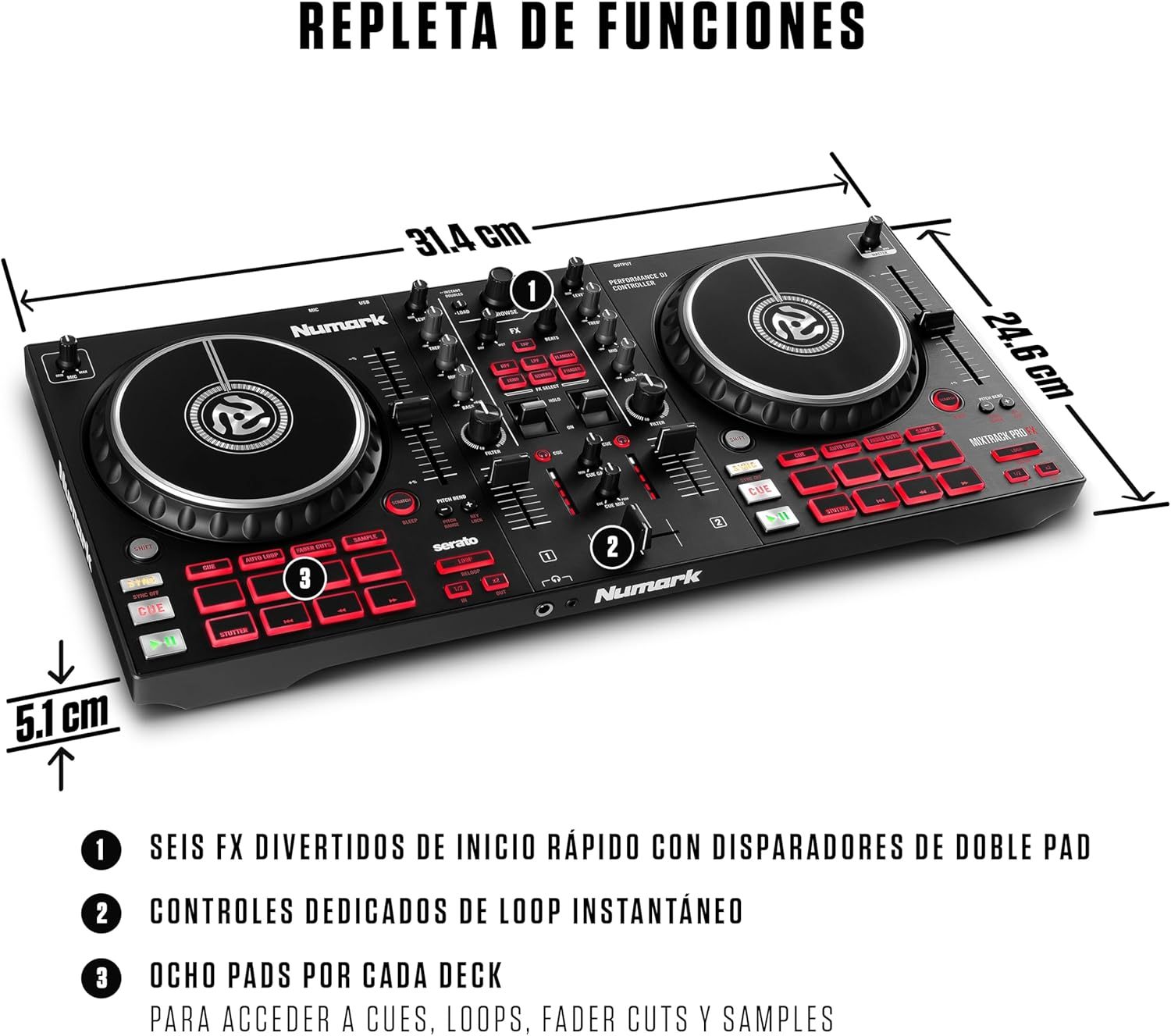 Numark Mixtrack Platinum FX Controlador DJ Para Serato DJ Con Control de 4 Secciones, Mezclador DJ, Interfaz de Audio Incorporada, Pantallas en Las Ruedas de Selección y Paletas de Efectos