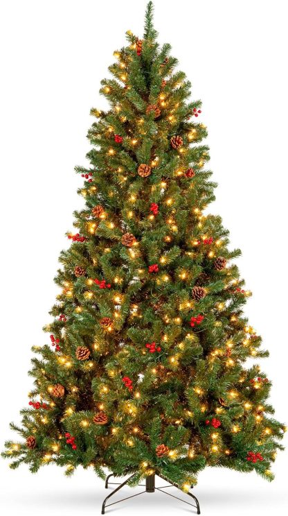 Best Choice Products - Árbol de Navidad artificial preiluminado de 6 pies predecorado con bisagras, con 798 puntas, piñas, bayas, 250 luces, base de metal