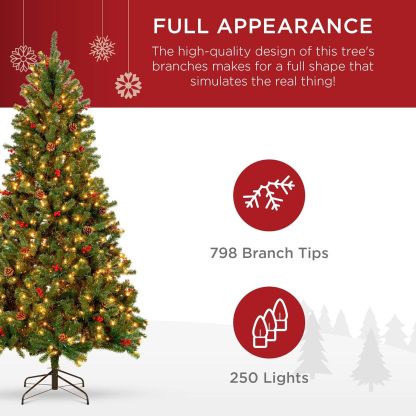 Best Choice Products - Árbol de Navidad artificial preiluminado de 6 pies predecorado con bisagras, con 798 puntas, piñas, bayas, 250 luces, base de metal