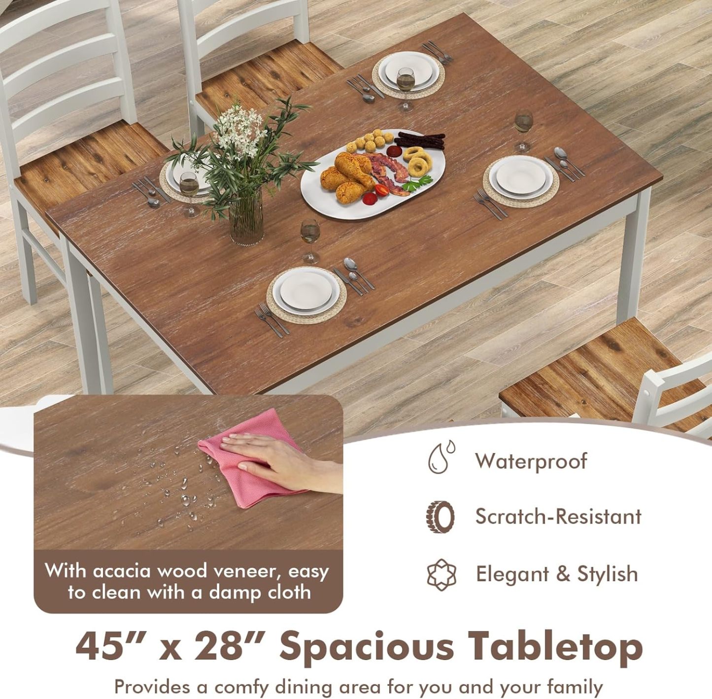 Giantex - Juego de mesa de comedor para 4, mesa rectangular de madera maciza y 4 sillas, juego de comedor de 5 piezas con patas de madera de goma, muebles de cocina que ahorran espacio para cocina,