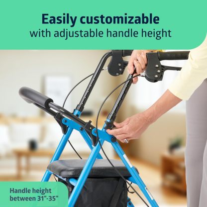 Medline Mobility - Rodillo de acero confiable para movilidad, color azul claro, 300 libras. Capacidad de peso, ruedas de 6 pulgadas, mango ajustable, asiento y respaldo acolchados, caminante rodante