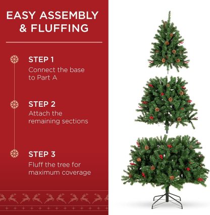 Best Choice Products - Árbol de Navidad artificial preiluminado de 6 pies predecorado con bisagras, con 798 puntas, piñas, bayas, 250 luces, base de metal