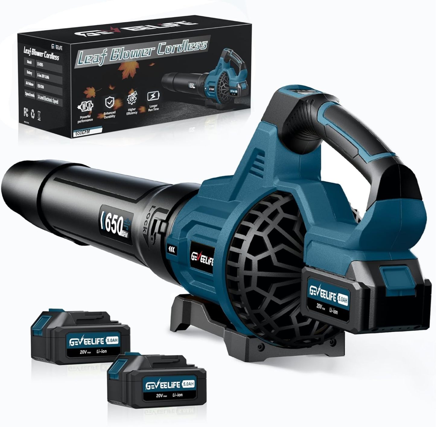 GEVEELIFE - Soplador de hojas sin cable, 650 CFM y 3 niveles de velocidad, soplador el��ctrico inal��mbrico de hojas con 2 pilas de 5.0 Ah, sopladores para cuidado del c��sped, patio, hojas de soplado