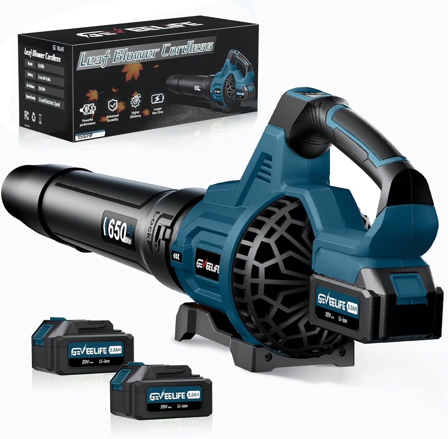GEVEELIFE - Soplador de hojas sin cable, 650 CFM y 3 niveles de velocidad, soplador el��ctrico inal��mbrico de hojas con 2 pilas de 5.0 Ah, sopladores para cuidado del c��sped, patio, hojas de soplado