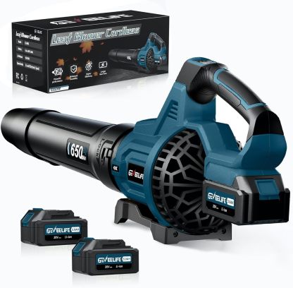 GEVEELIFE - Soplador de hojas sin cable, 650 CFM y 3 niveles de velocidad, soplador eléctrico inalámbrico de hojas con 2 pilas de 5.0 Ah, sopladores para cuidado del césped, patio, hojas de soplado
