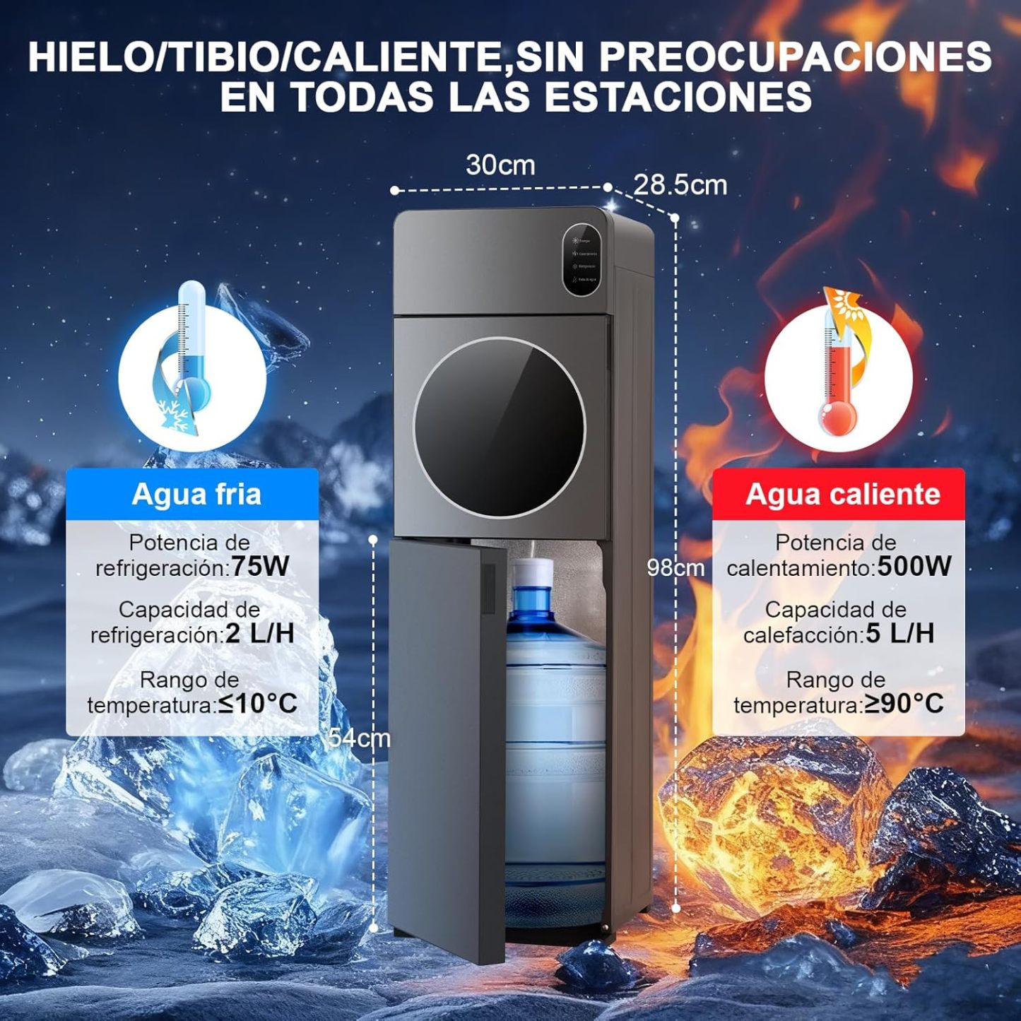 Dispensador de Agua con Garrafón Oculto, 3 Grifos Agua Helada (8°C), Fría y Caliente, Enfriador de Aguas de Acero Inoxidable, Bloqueo de Seguridad, Elegante Diseño, para Hogar Oficina Gimnasio