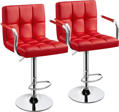 Juego de 2 taburetes de Bar giratorios Ajustables de Piel sintética, sillas hidráulicas de Barra con reposabrazos y Respaldo para Bar, Cocina, Comedor, Color Blanco