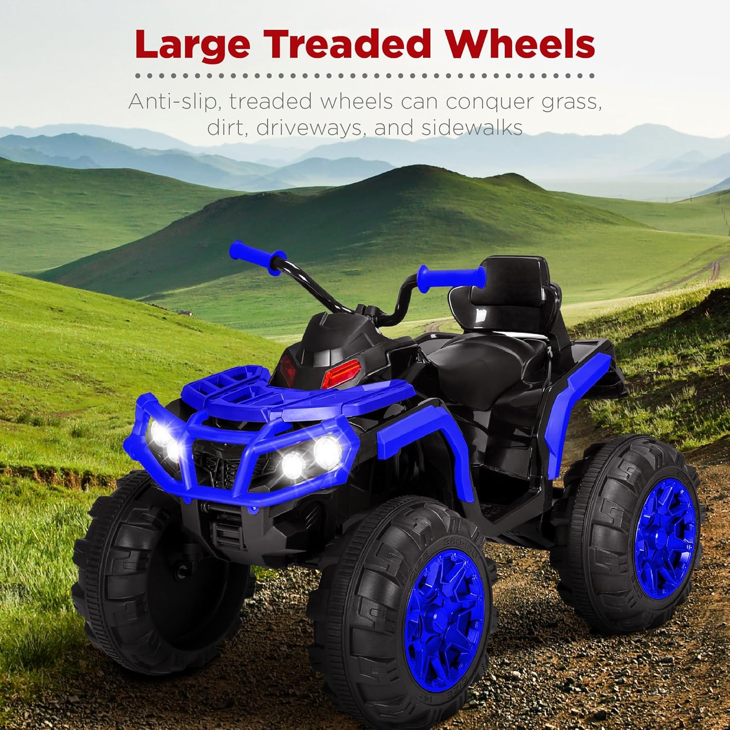 Best Choice Products 12V ATV eléctrico para niños de 4 ruedas con audio Bluetooth, velocidad máxima de 3.7 mph, neumáticos con banda de rodadura, faros LED, radio, color negro