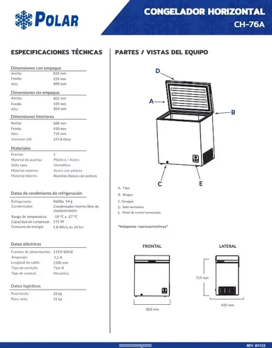 Nuevo Congelador Polar Torrey Ch-76a 7 Pies 80 Cm 197 L
