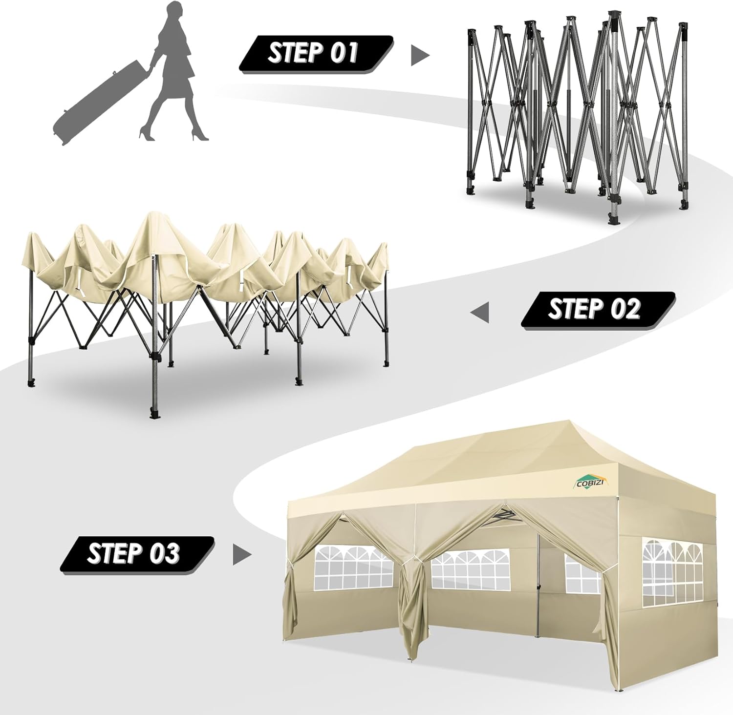COBIZI - Toldo desplegable de 10 x 20 Pulgadas con 6 Paredes Laterales, toldo Impermeable para Eventos al Aire última intervensión, UPF 50+ cenador portátil para Fiestas, Playa, Camping, Boda,