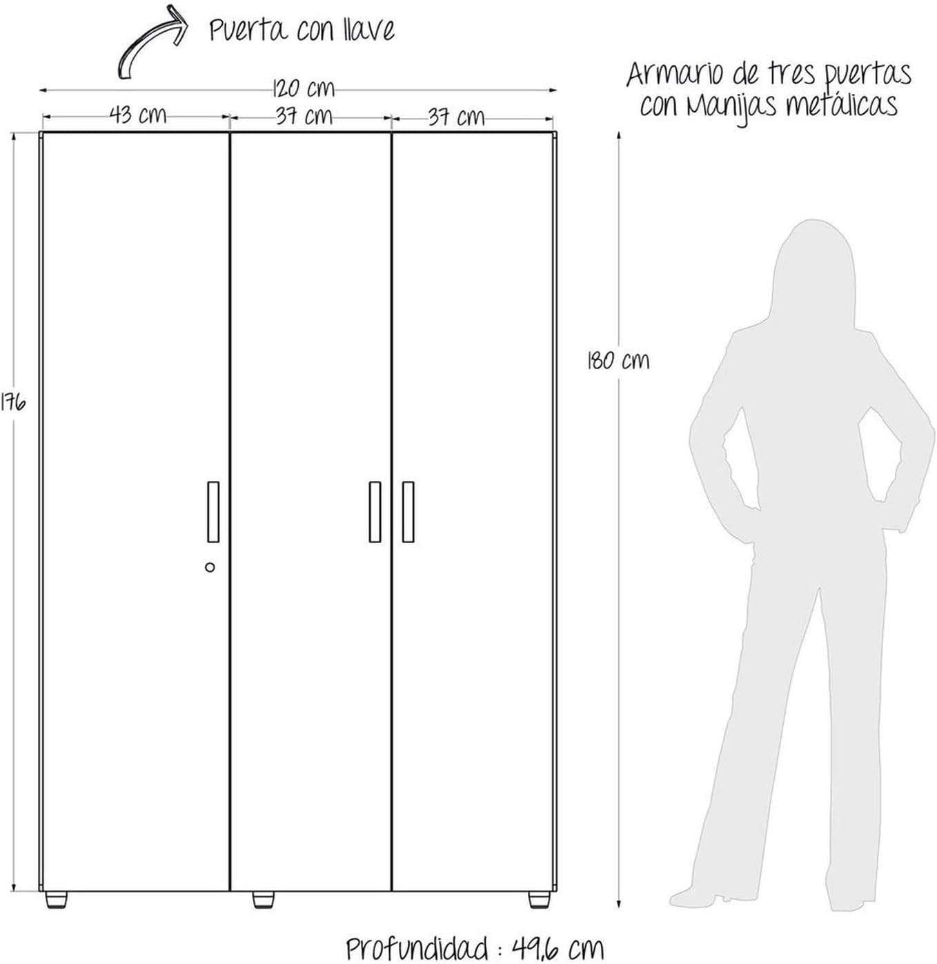 MADERKIT | Ropero Bilbao 120 cm Ancho | Tamaño Mediano | Color Wengue | 3 Puertas y Llave de Seguridad | Mueble Listo para armar | Estantes y Tubos para Colgar (Wengue)