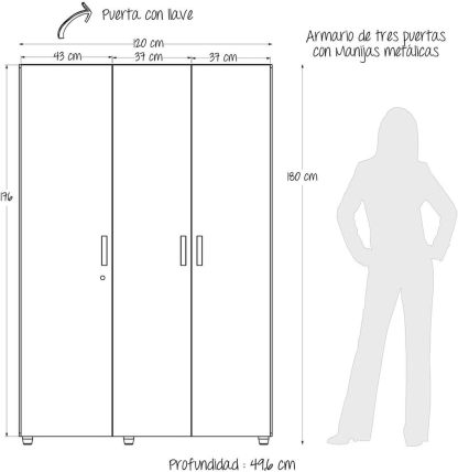MADERKIT | Ropero Bilbao 120 cm Ancho | Tamaño Mediano | Color Wengue | 3 Puertas y Llave de Seguridad | Mueble Listo para armar | Estantes y Tubos para Colgar (Wengue)