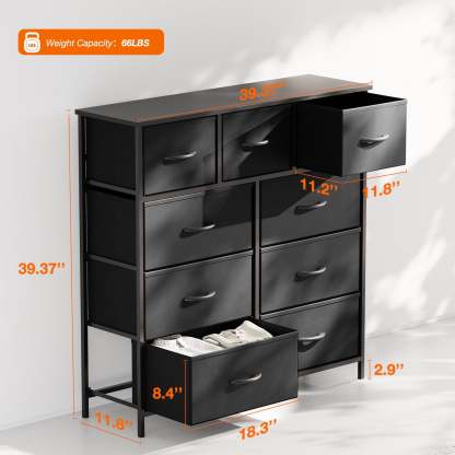 Yanming Cómoda de Tela con 9 cajones, Estructura de Acero y Tapa de Madera para Dormitorio, Armario, Entrada