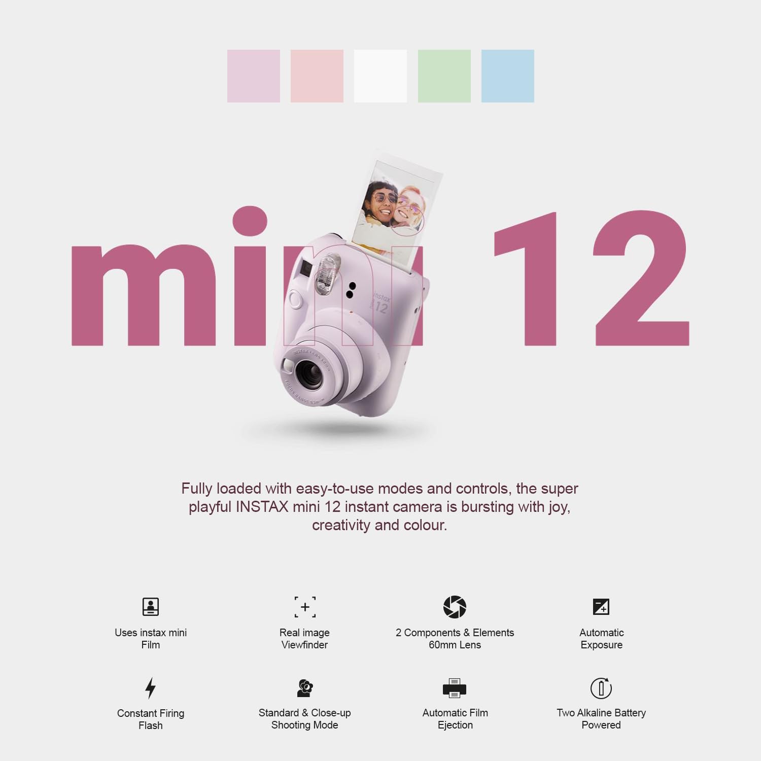 Fujifilm Instax Mini 12 cámara instantánea + paquete de accesorios MiniMate y funda personalizada compatible + Fuji Instax Film Value Pack (50 hojas) Álbum de fotos de diseño flamenco (verde menta)