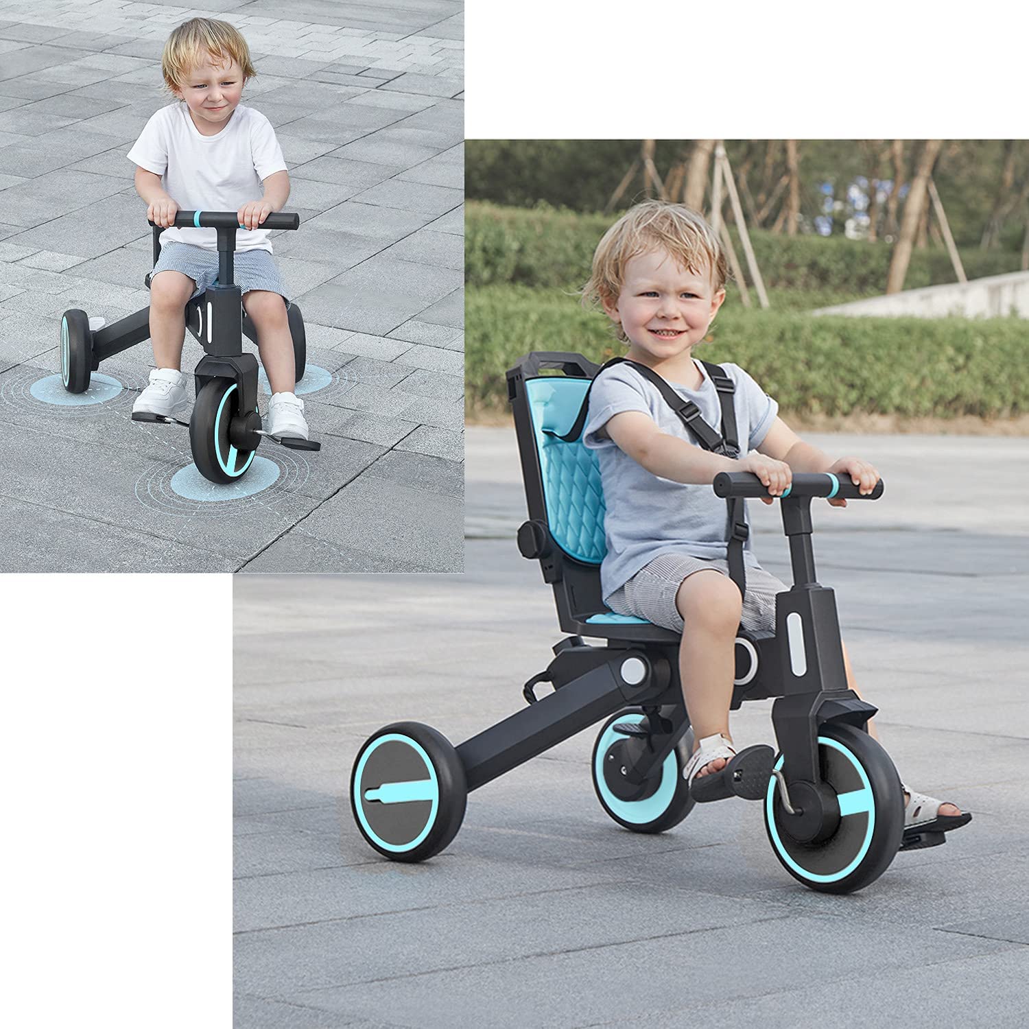 Triciclo de bebé 4 en 1, Bici polivalente, cochecito de dirección plegable, bicicleta de aprendizaje con barandilla desmontable, con toldo ajustable, arnés de seguridad, pedales plegable, freno, asa de empuje para padres, diseño de absorción de impactos,