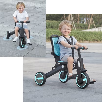 Triciclo de bebé 4 en 1, Bici polivalente, cochecito de dirección plegable, bicicleta de aprendizaje con barandilla desmontable, con toldo ajustable, arnés de seguridad, pedales plegable, freno, asa de empuje para padres, diseño de absorción de impactos,