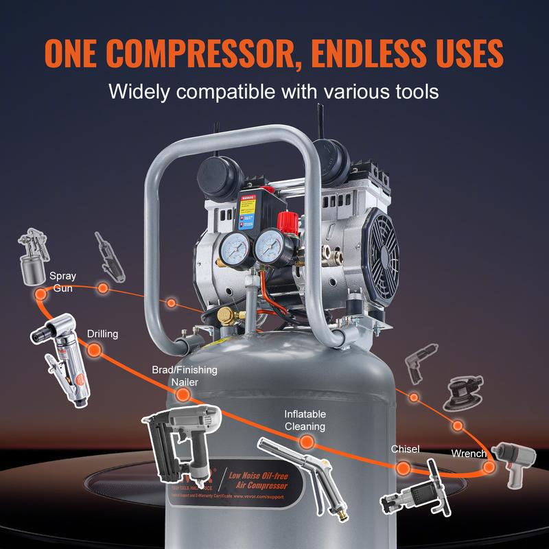 Compresor de aire VEVOR de 13 galones, 2 HP, 4.6 SCFM a 90 PSI, sin aceite, ultra silencioso (66 dB) para inflado de neumáticos, reparación de automóviles, clavado en carpintería y pintura con pistola (presión máx. de 125 PSI)